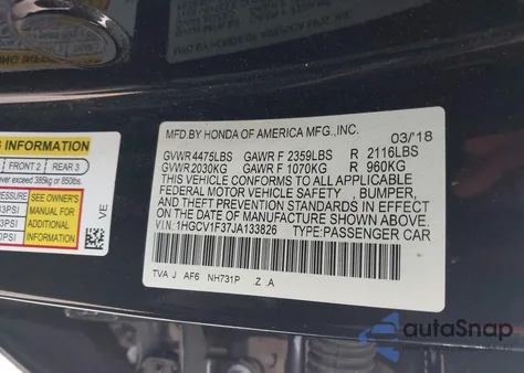 2018 Honda Accord Sport z USA, uszkodzony, nr VIN 1HGCV1F37JA133826